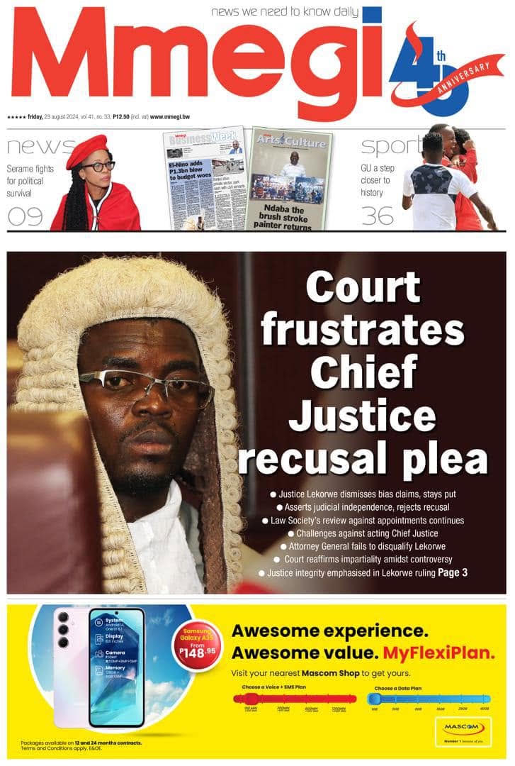 Mmegi front page featuring the headline: Court frustrates Chief Justice recusal plea
